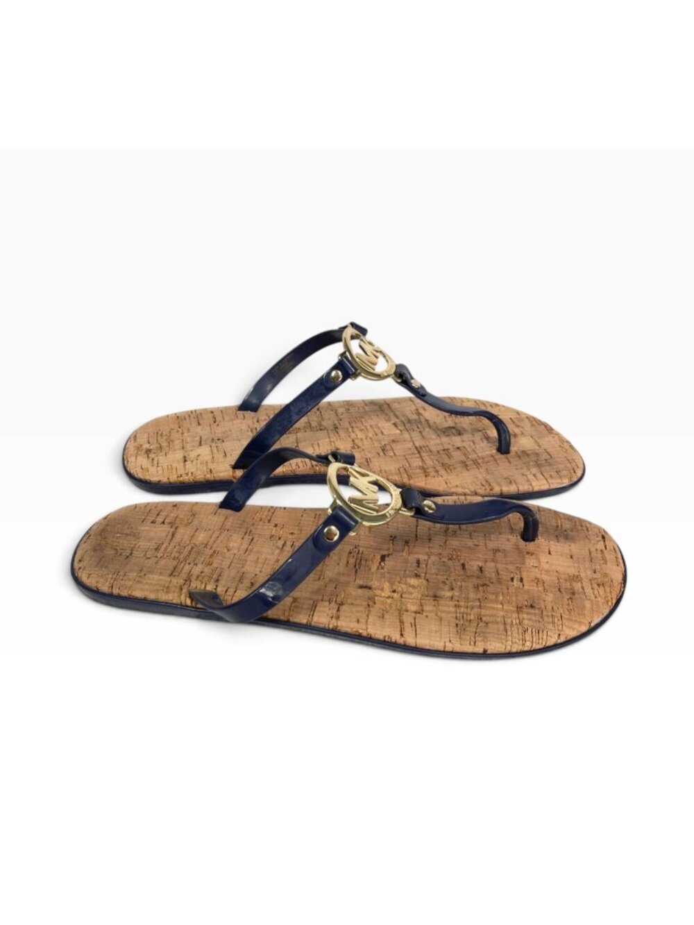 Michael Kors Logo Thong Sandals With Cork Footbed Size 11M Navy Blue PVC Upper